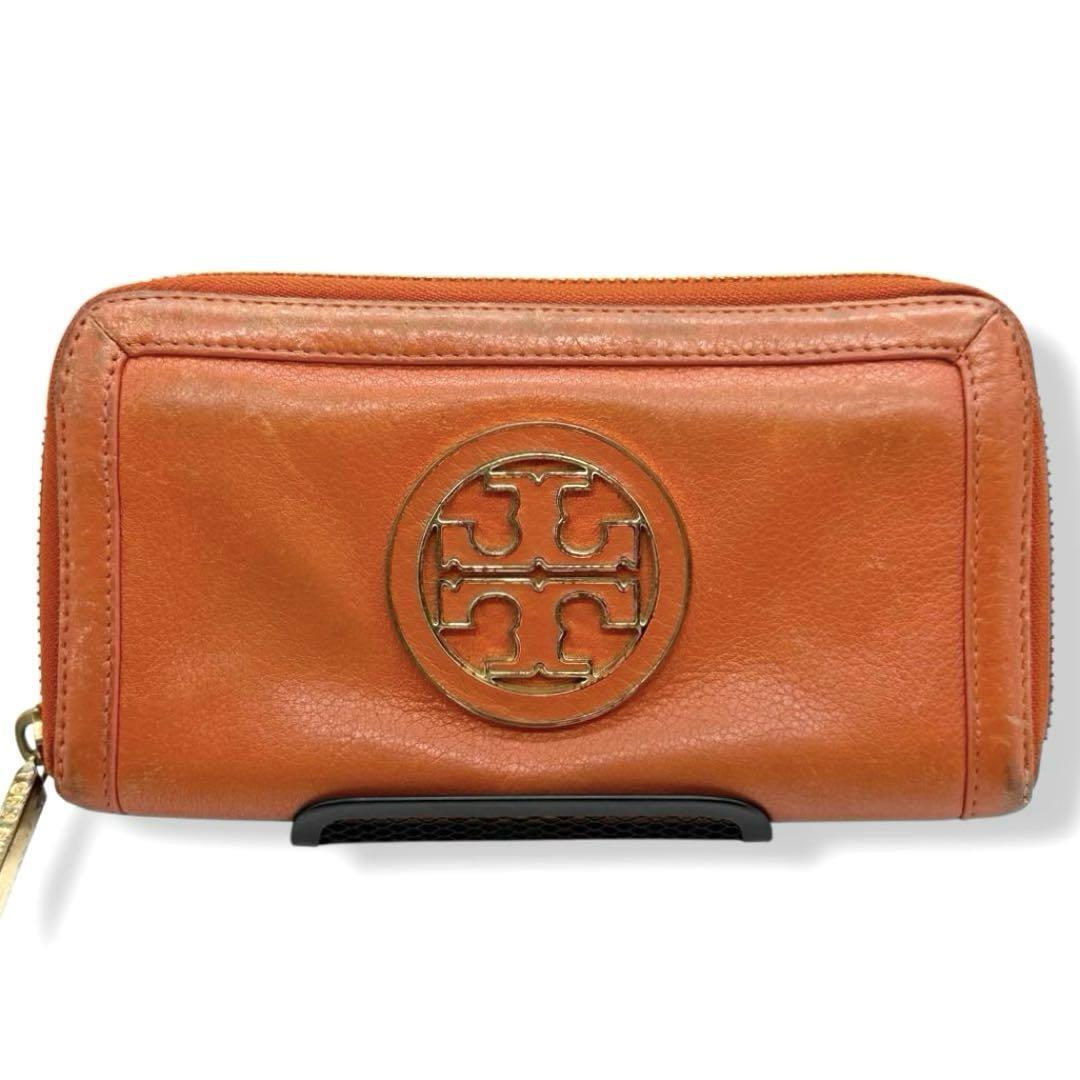 トリーバーチ 長財布 ラウンドファスナー レザー ビッグロゴ デカロゴ オレンジ Tory Burch ラウンドジップウォレット da5拍卖