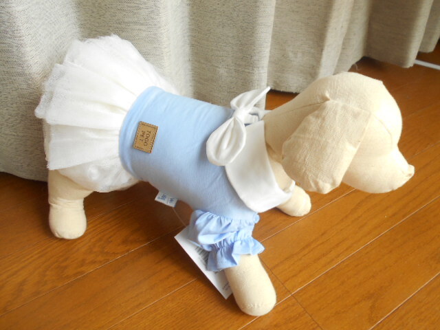 小型犬 ふわふわスカート リボン ワンピース 水色 M拍卖