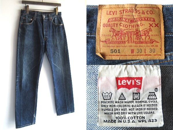 希少 90sビンテージ USA製 Levi's リーバイス 501 ボタンフライ デニムパンツ W30 インディゴ 色残り多 良色落ち 美ヒゲ ハチノス拍卖