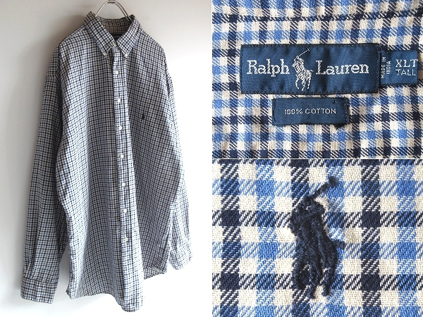 希少 90sビンテージ Ralph Lauren ラルフローレン ポロポニーロゴ刺繍 チェックシャツ BDシャツ XLT ビッグサイズ ネイビー ブルー USA企画拍卖