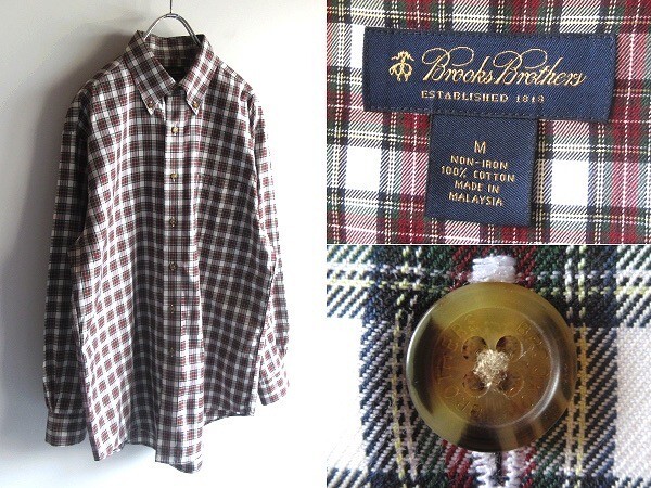 00sビンテージ Brooks Brothers ブルックスブラザーズ ロゴ刻印釦 コットン チェックシャツ BDシャツ M バーガンディ グリーン 白 ネコポス拍卖