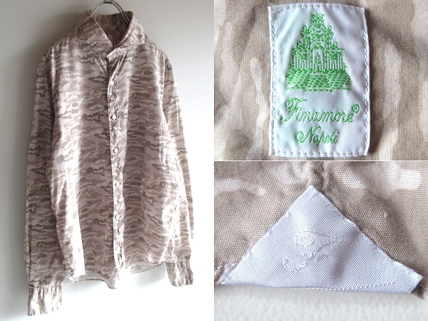 イタリア製 Finamore フィナモレ バーニーズニューヨーク購入 SERGIO セルジオ コットン 迷彩 カモフラ カッタウェイシャツ L ネコポス対応拍卖