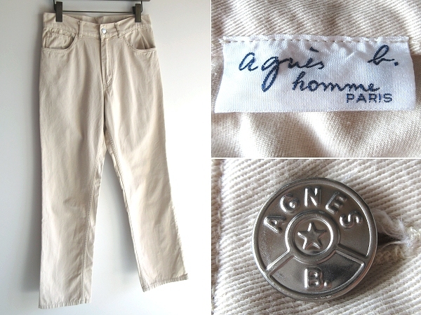 希少 フランス製 80s-90sビンテージ agnes b. homme アニエスベー ロゴピスネーム ロゴボタン コットン 5Pパンツ チノパン 38 ナチュラル拍卖