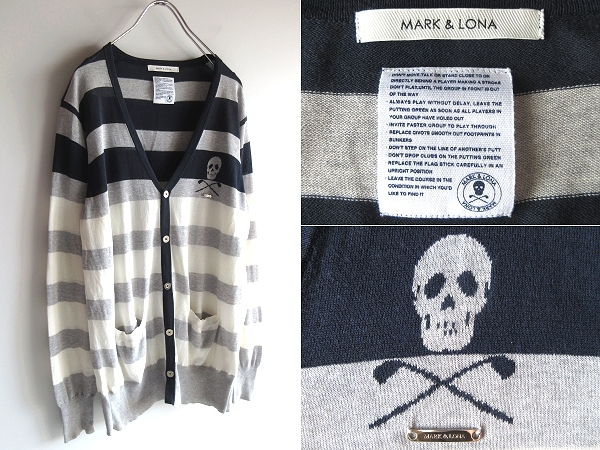 MARK&LONA マーク&ロナ スカルジャガード ミニロゴプレート コットンナイロンニット ボーダーカーディガン L ネイビー グレー ホワイト拍卖