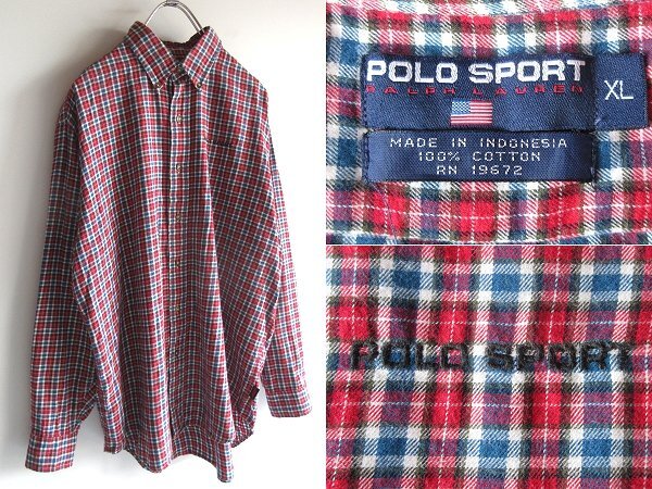 希少 90sビンテージ POLO SPORT RALPH LAUREN ポロスポーツ ラルフローレン ロゴ刺繍 ロゴピスネーム チェックシャツ ネルシャツ XL レッド拍卖