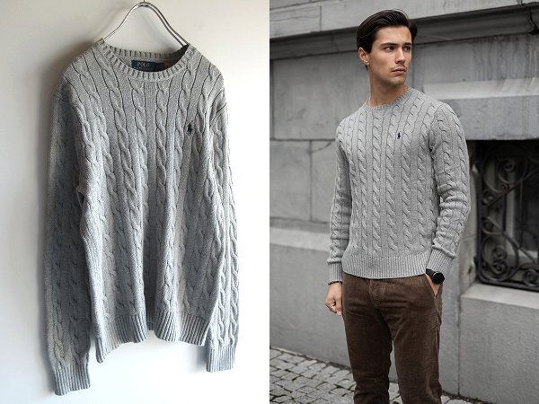 現行/QRコードタグ POLO RALPH LAUREN ラルフローレン ポロポニーロゴ刺繍 コットンニット ケーブルニット M グレー 国内正規品拍卖