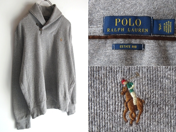 POLO RALPH LAUREN ラルフローレン ESTATE RIB ポロポニーロゴ刺繍 エステートリブ スウェット ショールカラー トレーナー S 杢グレー拍卖
