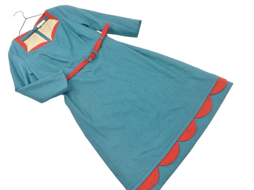 machiko jinto マチコジント ウール100% ベルト付き ワンピース size36/ターコイズx赤 ◇■ ☆ fia3 レディース拍卖