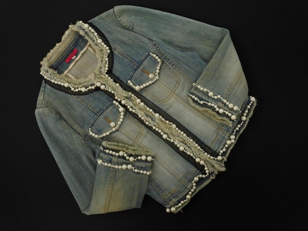 TO BE CHIC トゥービーシック ノーカラー パールビーズ Gジャン デニム ジャケット size38/青 ◇■ ☆ fic2 レディース拍卖