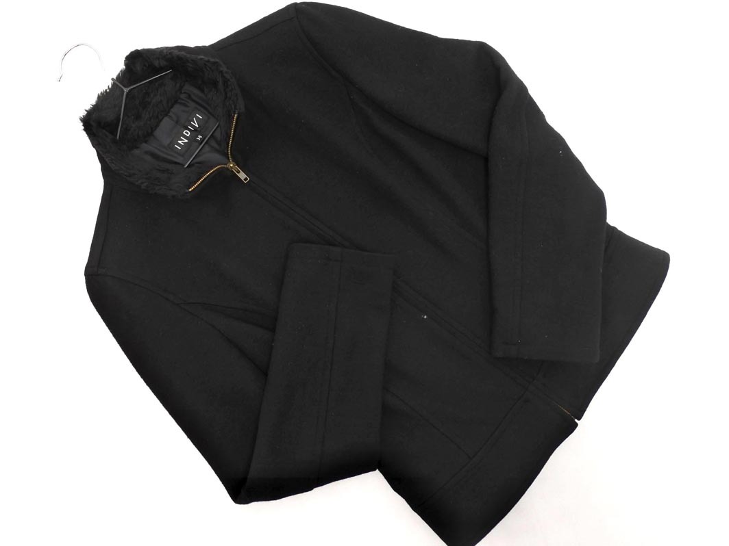 INDIVI インディヴィ ウール100% フェイクファー スタンドカラー ジャケット size38/黒 ◇■ ☆ fic5 レディース拍卖