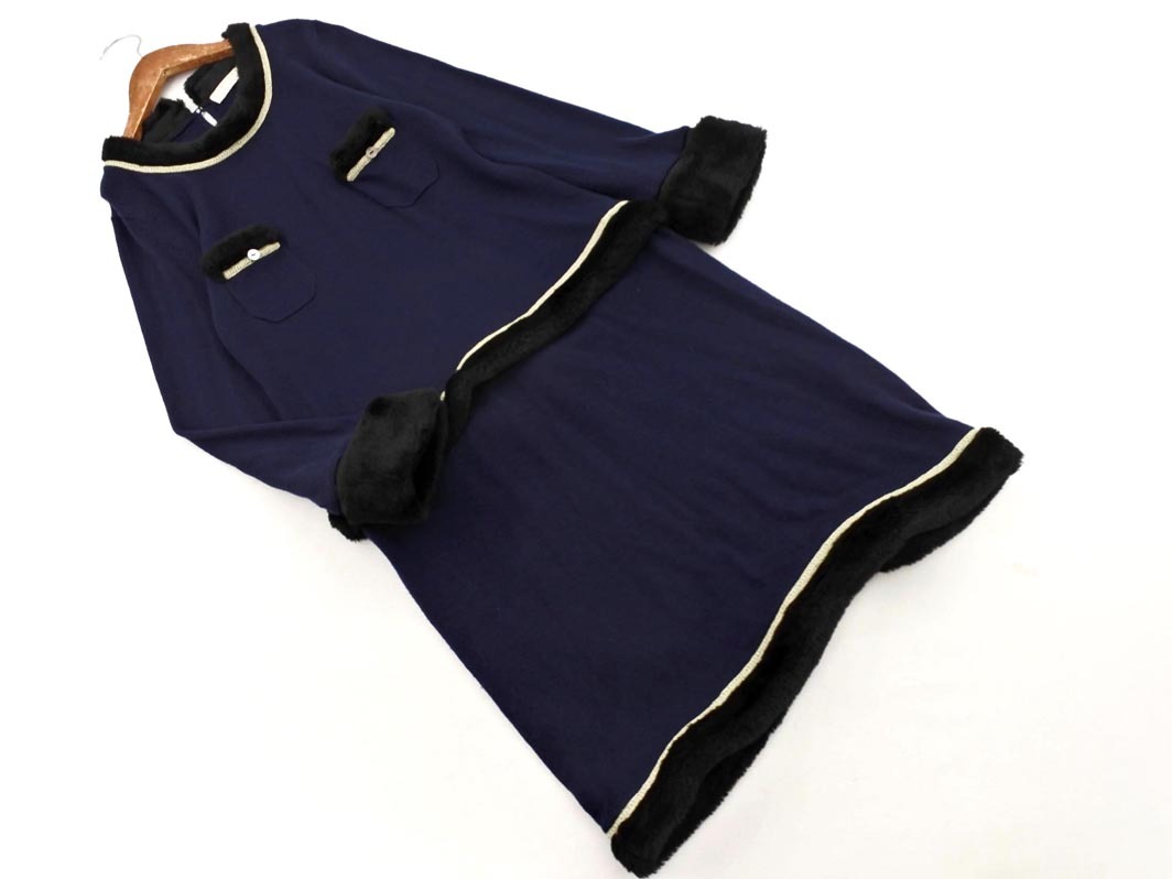 BARNEYS NEW YORK バーニーズ ニューヨーク ウール100% フェイクファー ニット ワンピース 紺 ◇■ ☆ fic9 レディース拍卖