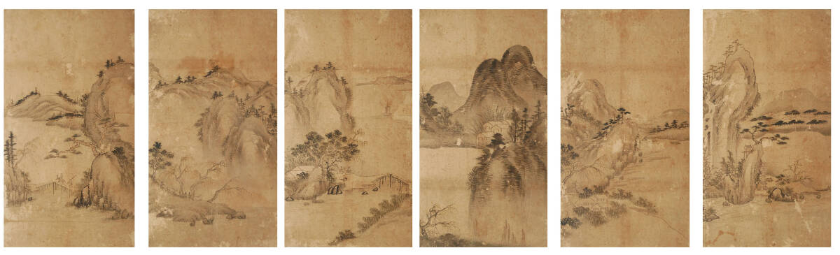 【真作】『 李朝山水図 六連 古画 』李氏朝鮮 韓国 中国唐物唐画 拍卖