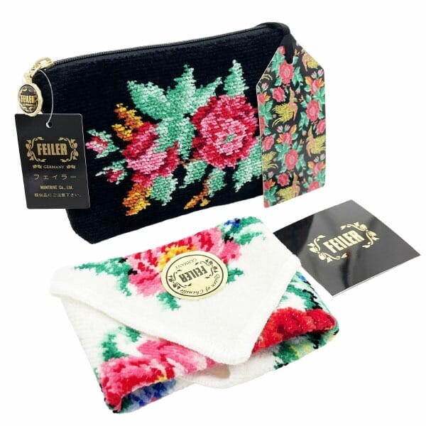 15584 フェイラー ポーチ ハンカチセット バラ マルチポーチ タオルハンカチ シュニール織 綿 ブラック 黒拍卖