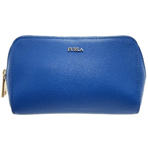15594 フルラ ポーチ ロゴ 化粧ポーチ レザー 革 ブルー 青 FURLA コスメポーチ コスメティックポーチ拍卖