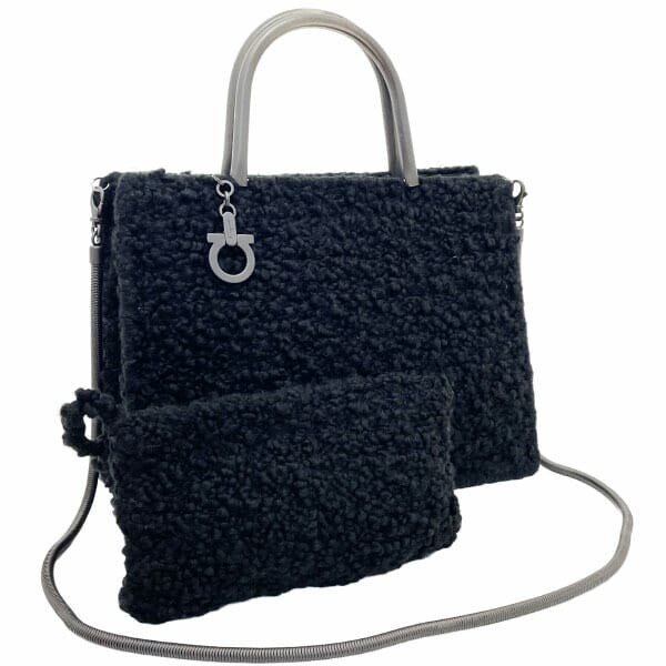 15798 サルヴァトーレ フェラガモ 2WAYバッグ ガンチーニ ハンドバッグ ウール メタル ブラック 黒 21 9734拍卖