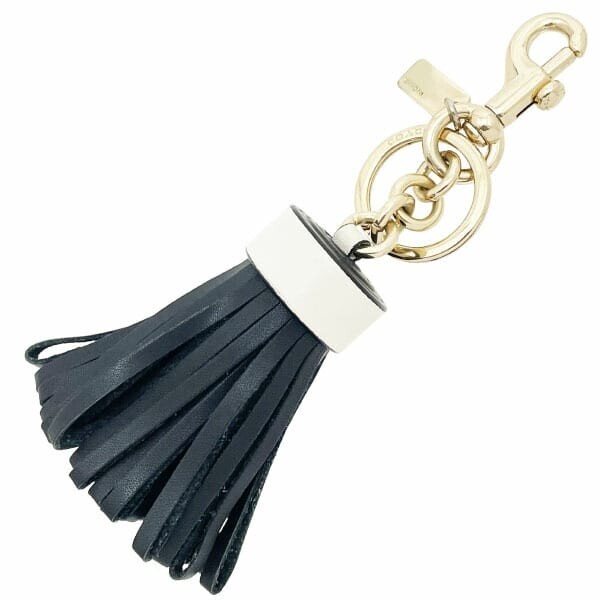 15831 コーチ キーホルダー タッセル バッグチャーム レザー 革 ブラック 黒 アイボリー系 白 F58505拍卖