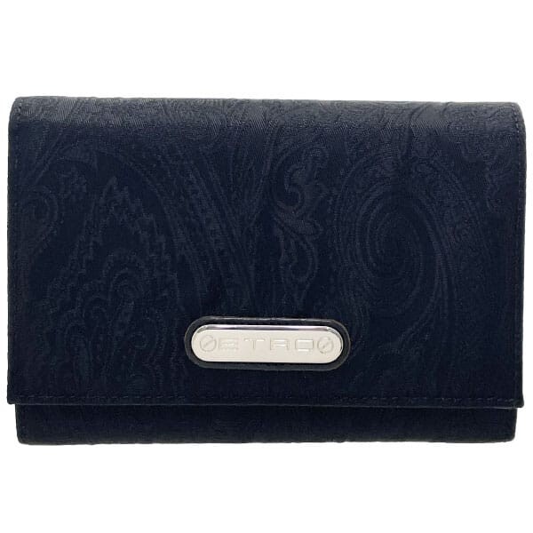 15846 エトロ 財布 ペイズリー 二つ折り財布 ナイロン ブラック 黒 ETRO ロゴプレート L字ファスナー小銭入れ付き拍卖
