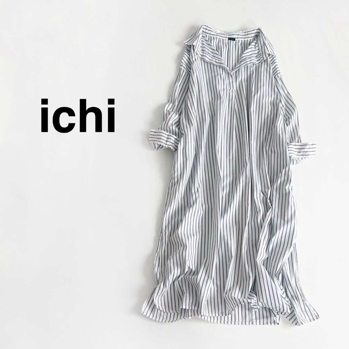 ichi イチ ストライプシャツワンピース ホワイト×ブルー ロングワンピース オーバーサイズ拍卖