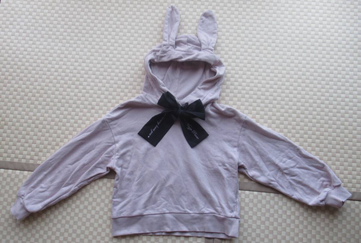 美品 メゾピアノジュニア M 150サイズ くすみピンク うさ耳 トレーナー リボン 子供服 女の子 可愛い 冬物 スカート パンツにも拍卖
