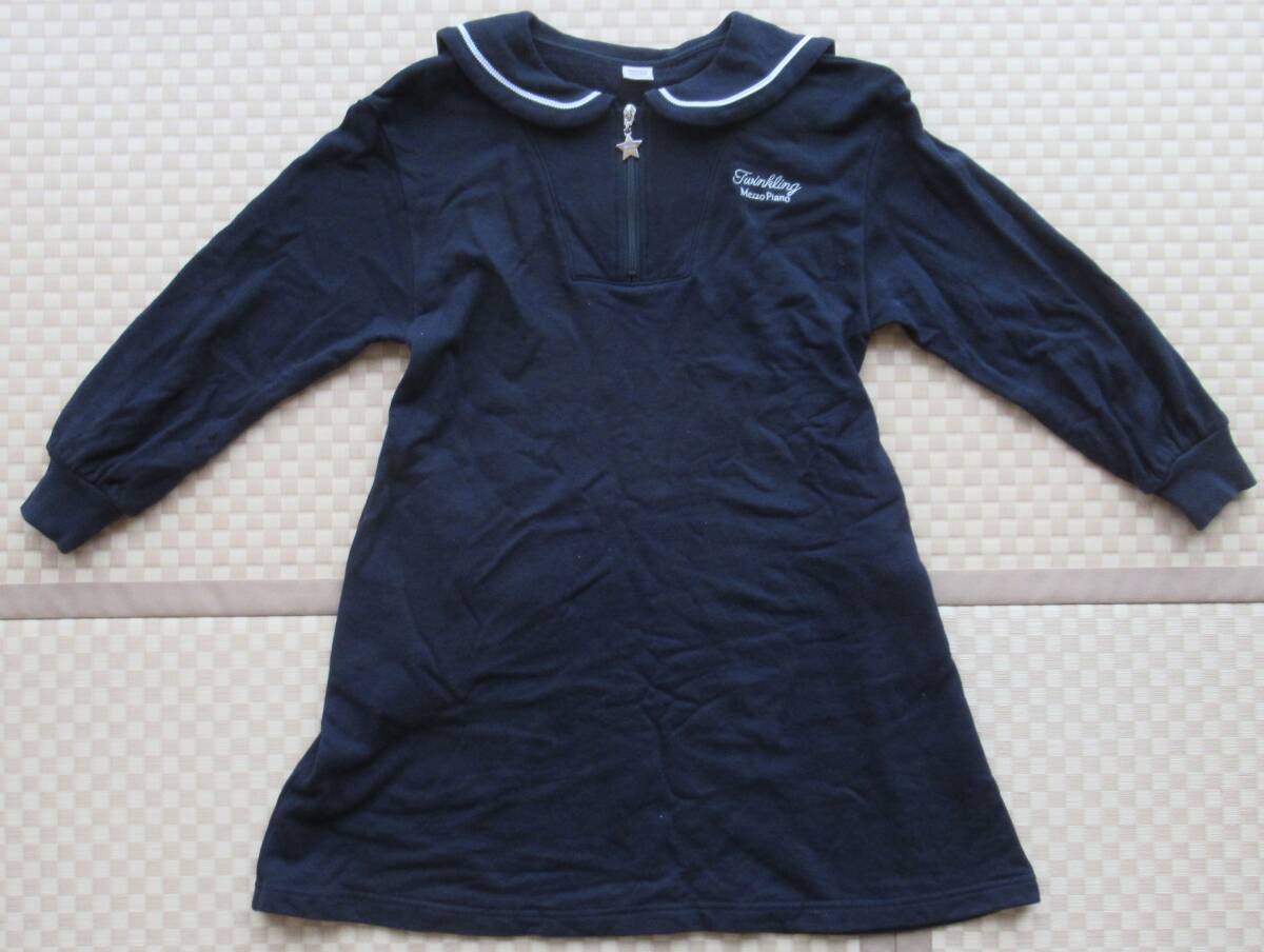 美品 メゾピアノジュニア S 140サイズ セーラーカラー ワンピース 濃紺 子供服 女の子 トレーナー地 長袖 お出かけ スター拍卖