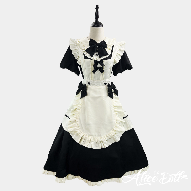 ロリータ ロング丈 メイド服 クラシック メイド ワンピース エプロン カチューシャ 付け袖 長袖 半袖 2way ドレス Lolita クラシカル拍卖