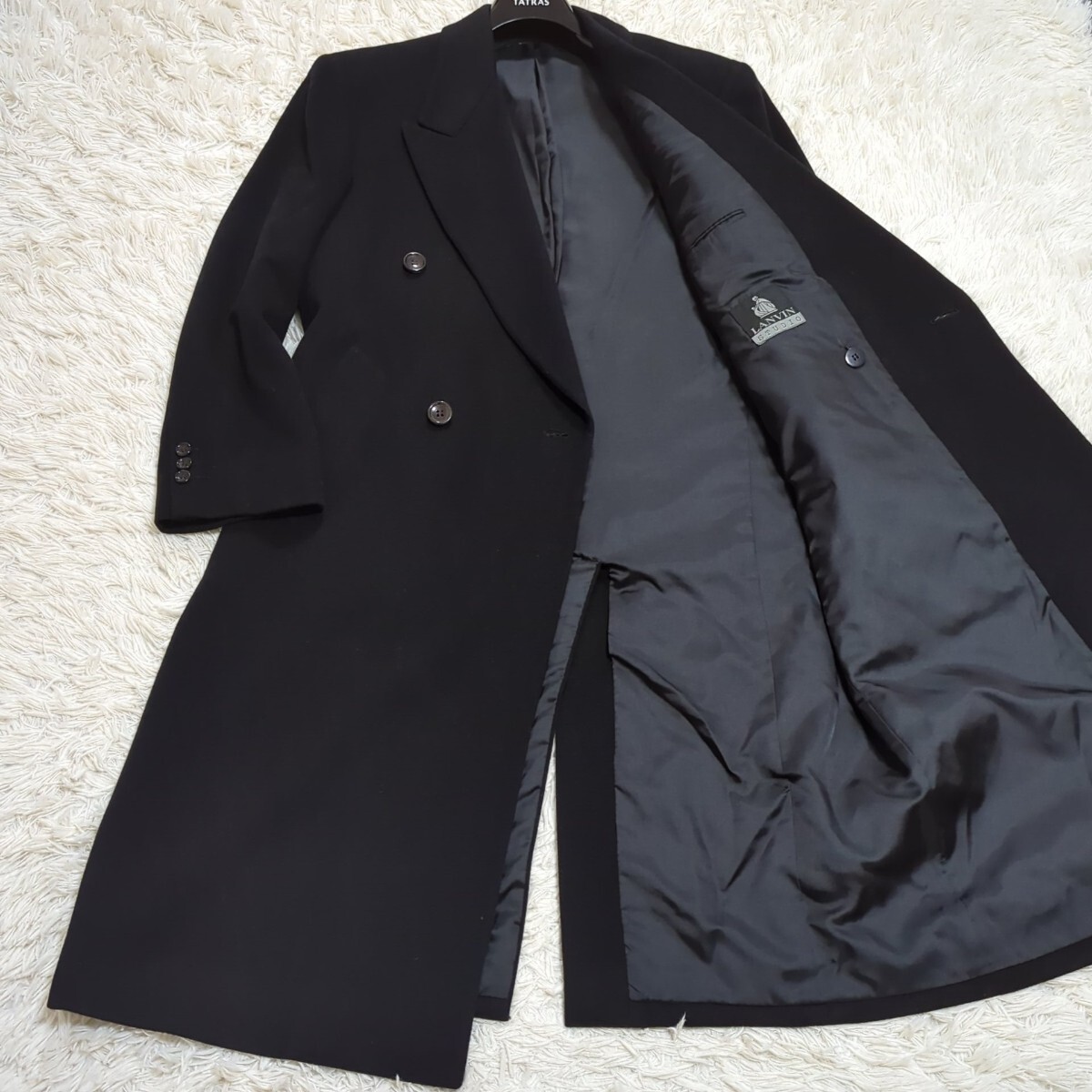 美品 着丈111cm カシミヤ100% LANVIN ランバン ダブルブレスト チェスターコート ロングコート アウター ブラック 黒 メンズ 46 秋冬◎拍卖