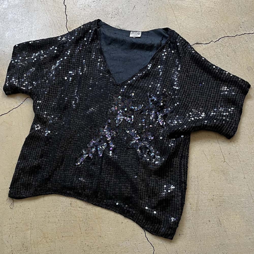 50s ヴィンテージ シルク ブラックスパンコール Vネック 半袖ニット/セーターカットソー50年代70s60s80sアメリカンビンテージ昭和レトロ拍卖