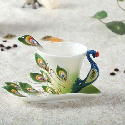 ★おしゃれな孔雀のティーカップソーサーセット コーヒーカップ ギフト プレゼント マグカップ インテリア 装飾【緑】拍卖
