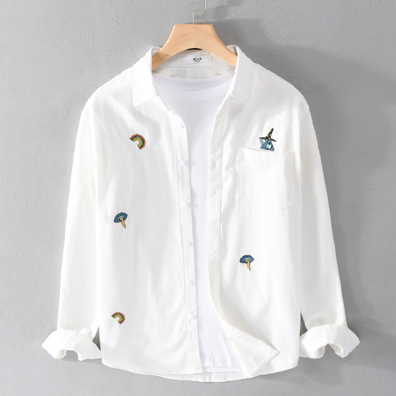 新品 長袖シャツ 刺繍 ブラウス メンズ コットンシャツ シャツジャケット 春秋服 トップス 白 サイズ選択可拍卖