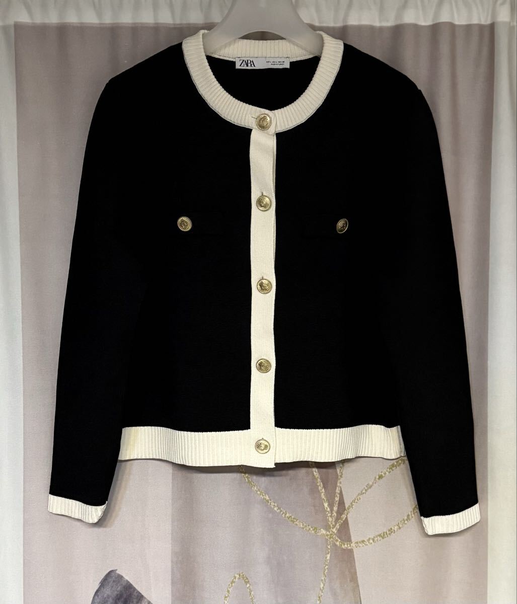 ZARA 金ボタン ニット ノーカラージャケット カーディガン モノトーン拍卖