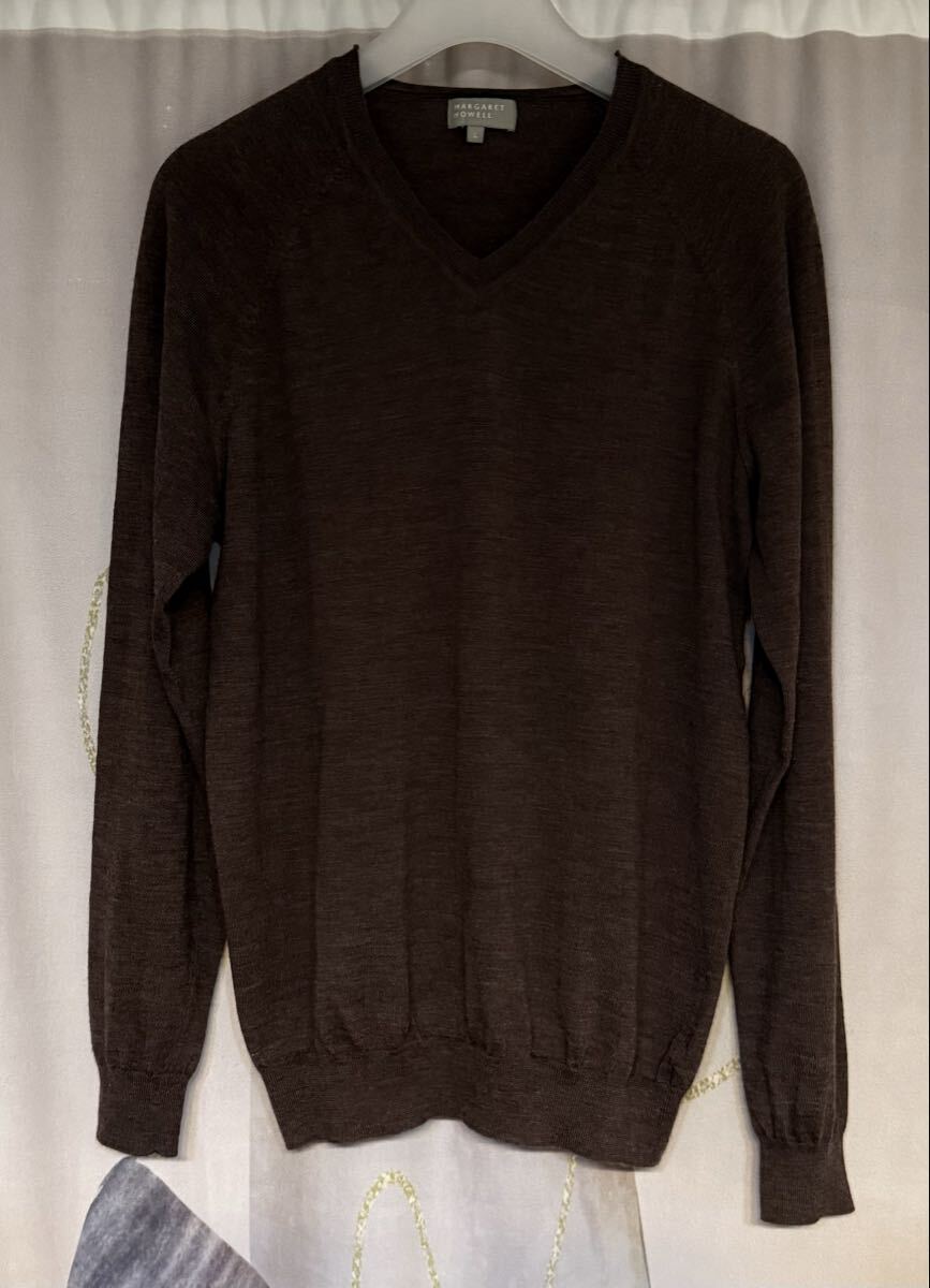 マーガレットハウエル ハイゲージ ウール100% Vネックニット ブラウン拍卖