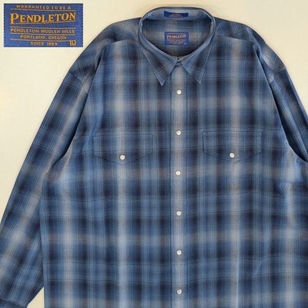 H7898 PENDLETON ペンドルトン 長袖シャツ ウエスタンシャツ オンブレチェック コットン 香港製 ブルー/ネイビー L拍卖
