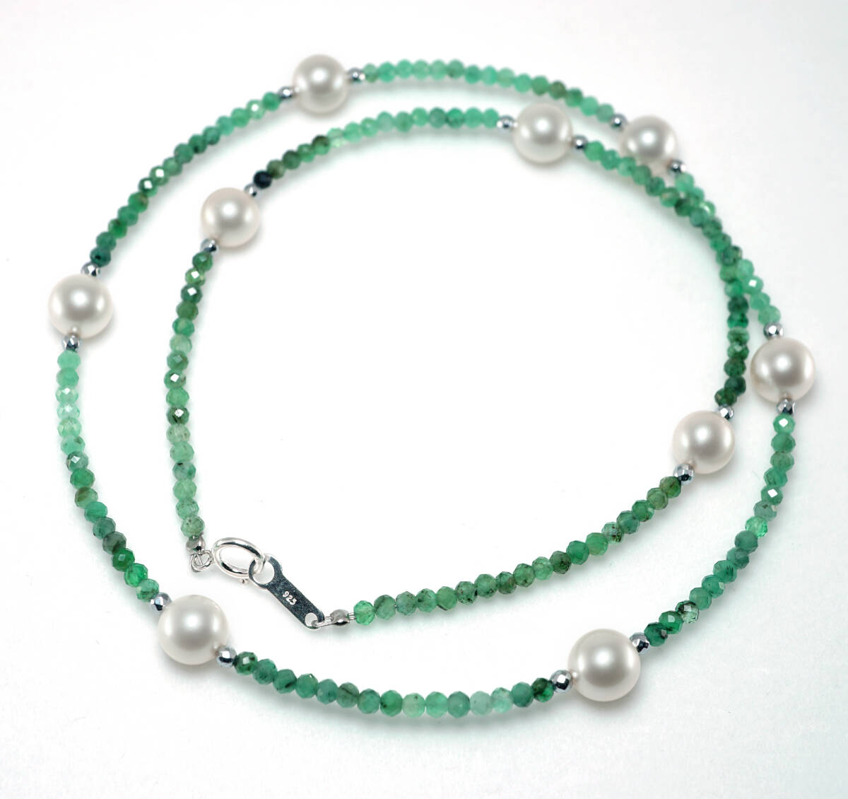 ▲新品自社製作 天然アコヤパール 最高級 6.4mm エメラルド 12.50ct SV 7.3g 43cm ネックレス 宝石 ジュエリー jewelry拍卖