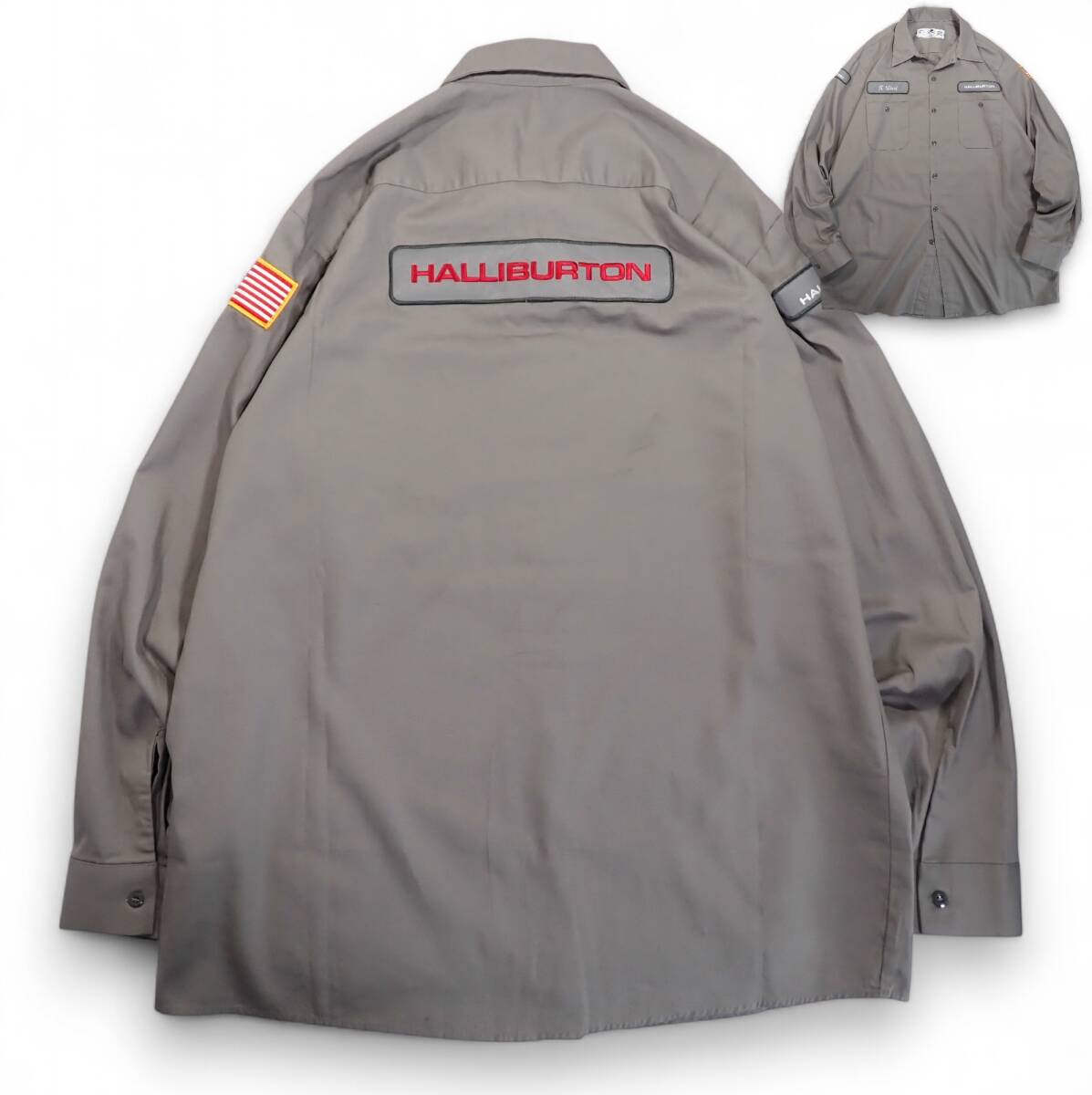 7038/RED KAP 長袖ワークシャツ XL●両肩 両胸 バック ワッペン 星条旗 HALLIBURTON●洗濯プレス済●ネコポス可●古着拍卖