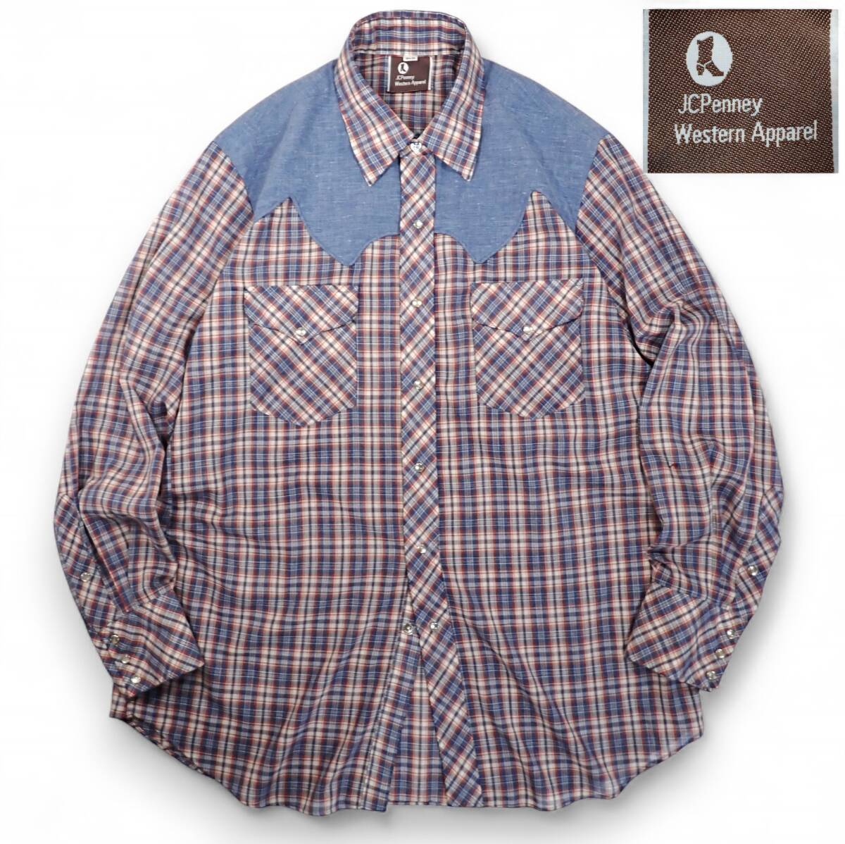 7066/JCPenney Western Apparel 70sビンテージ 長袖ウエスタンシャツ 16-1/2-34●RAU KLIKITスナップボタン●洗濯プレス済●古着拍卖