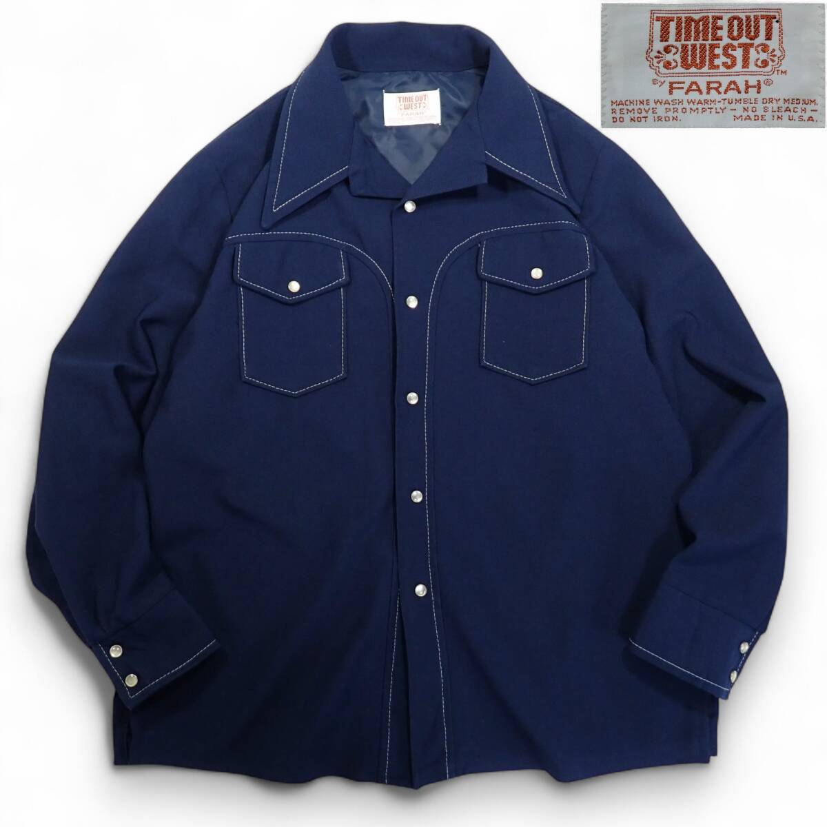 7020/美品USA製70sビンテージ FARAH TIME OUT WEST長袖ウエスタンシャツジャケット●オープン ステッチ ロカビリーRock'n'Roll●洗濯済古着拍卖