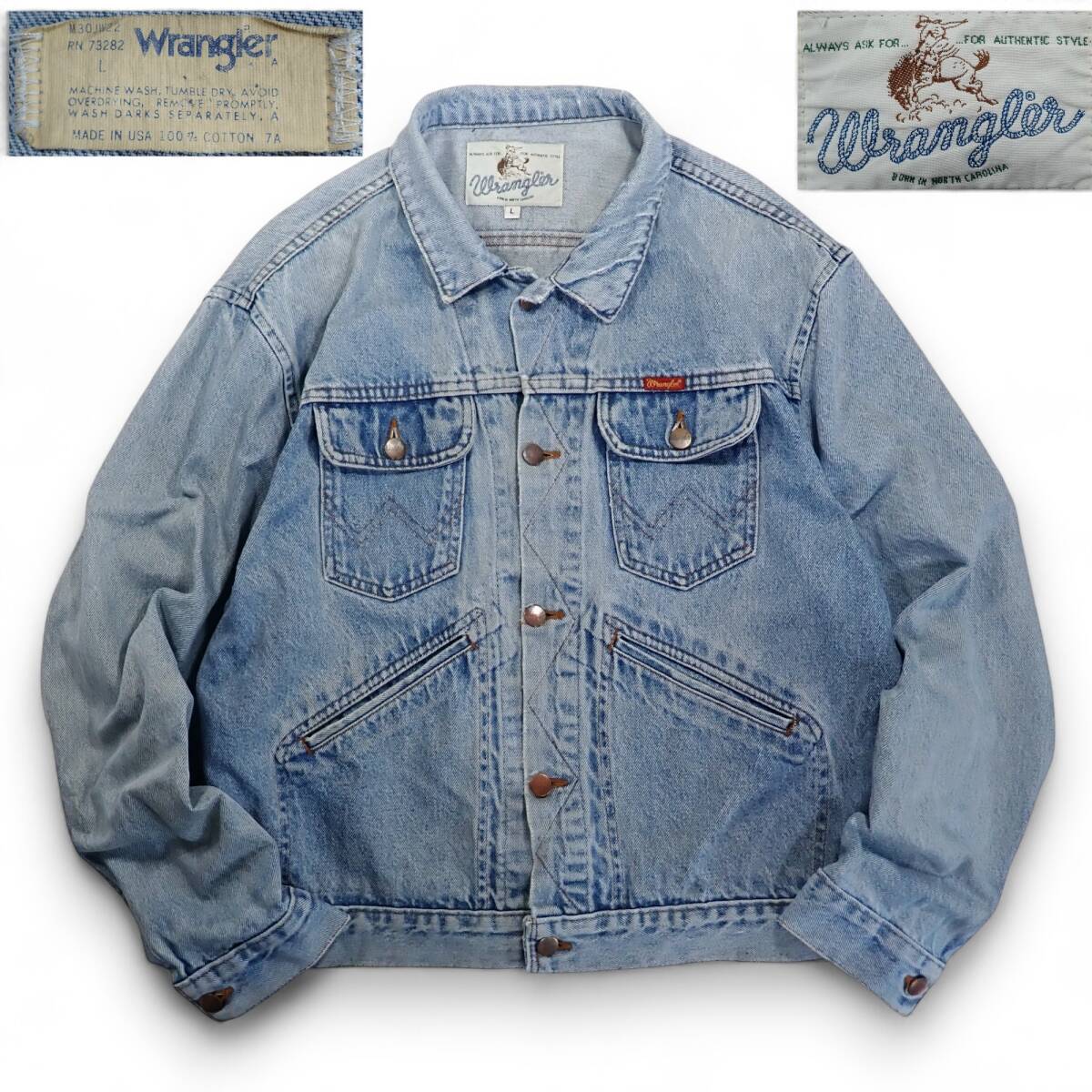 7054/希少タグ Wrangler USA製 80後期~90sビンテージ デニム ジャケット L●洗濯プレス済●ジージャン Gジャン ラングラートラッカー古着拍卖