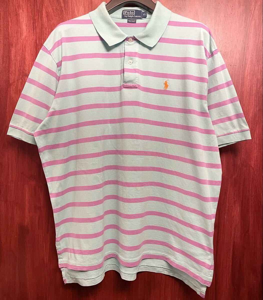 Polo by Ralph Lauren ボーダー柄 半袖ニットポロシャツ エメラルドグリーン×パープル XLサイズ ポロ ラルフローレン ポロシャツ拍卖