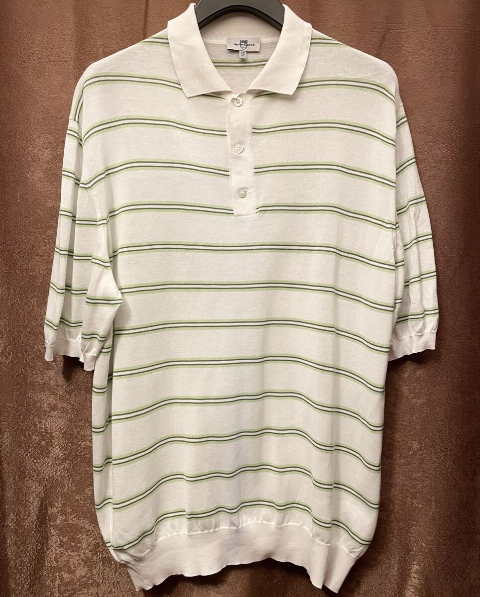 MADE IN ITALY製 AVON CELLI ボーダー柄 半袖ニットポロシャツ ホワイト 48サイズ アヴォンチェリ イタリア製 クラシコイタリア ポロシャツ拍卖