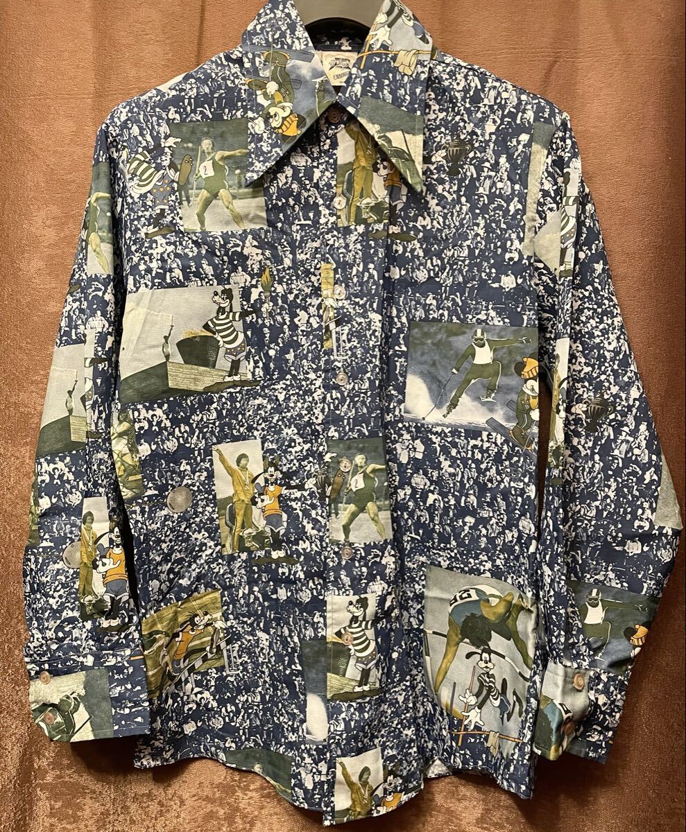 希少 レア品 KENNINGTON 70s DISNEY オリンピック プリント 総柄 長袖シャツ ネイビー Lサイズ ケニントン ディズニー アメリカ古着 紺拍卖