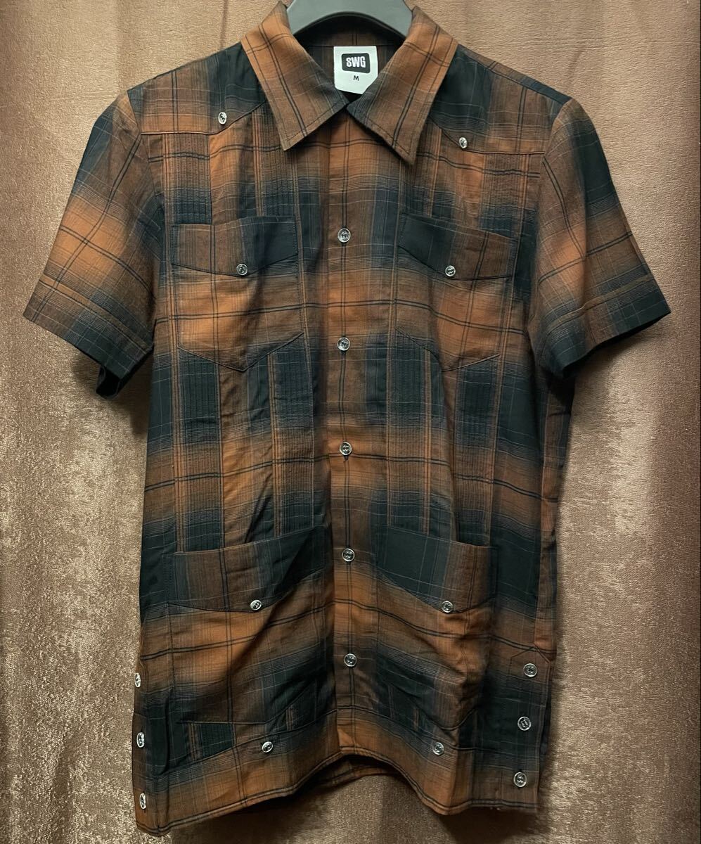 MADE IN JAPAN製 SWAGGER チェック柄 半袖 開襟 レーヨンシャツ オレンジ×ブラック Mサイズ スワッガー 日本製 半袖シャツ 開襟シャツ拍卖