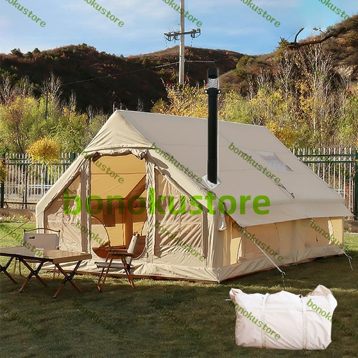 インフレータブルテント 大型 2~10人用 12㎡ エアーテント 煙突穴付き オックスフォード防水 遮熱 収納袋・ペグ・空気入れ付き 4M*3M*2.1M拍卖