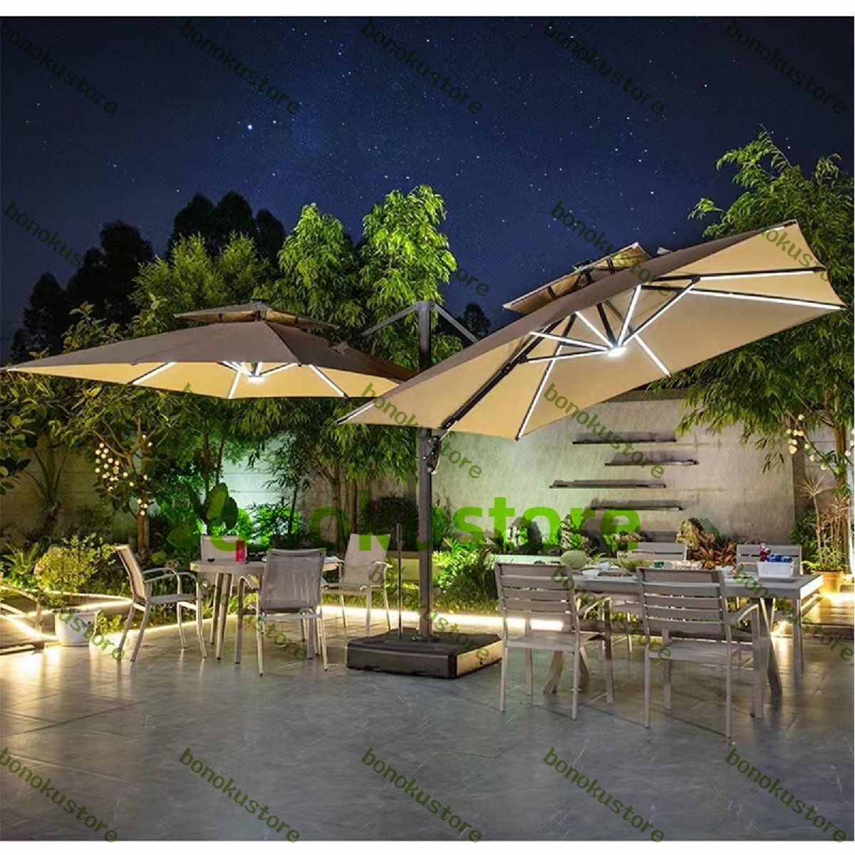 ガーデンパラソル 風に強い 大型 パラソル【2つの傘面が独立動作】耐候性アルミ合金 多角度調整 210KGの水タンク LEDソーラーライト付き拍卖