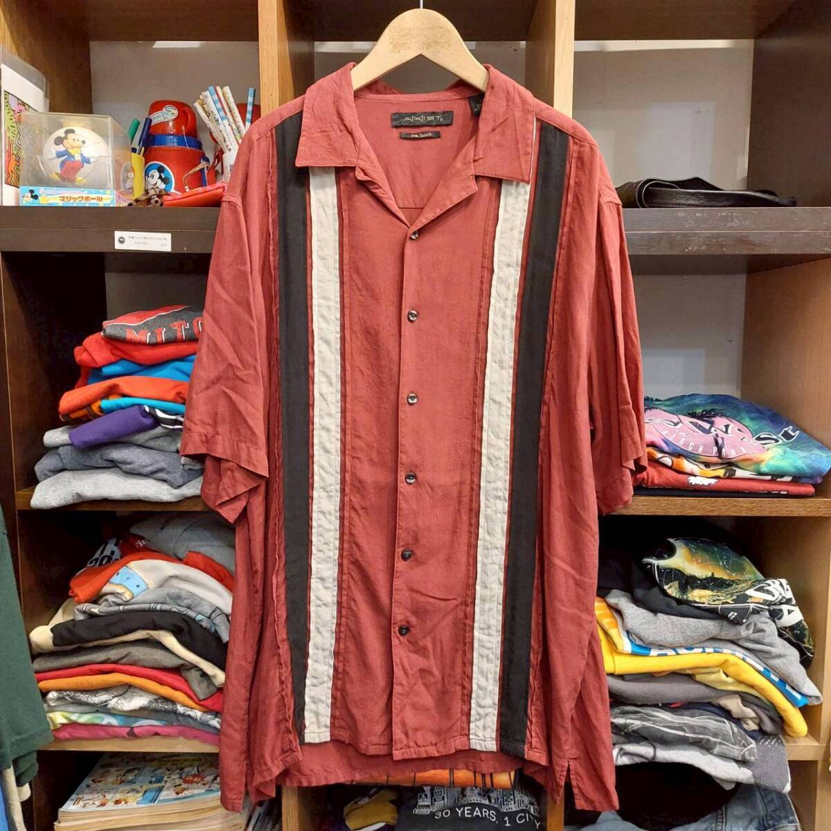 US古着 AXIST サイズLラインシャツ半袖 開襟 ボルドー シルクシャツ 07I1705拍卖