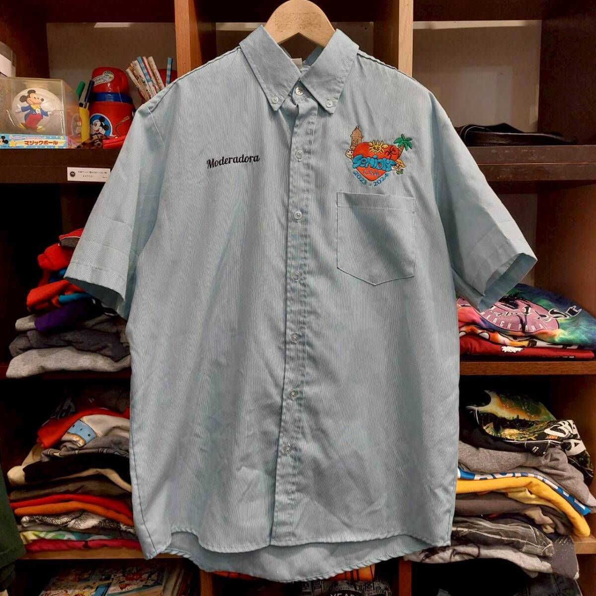 US古着 ワークシャツ 刺繍 M 半袖 刺繍 ブルー 07I1702拍卖