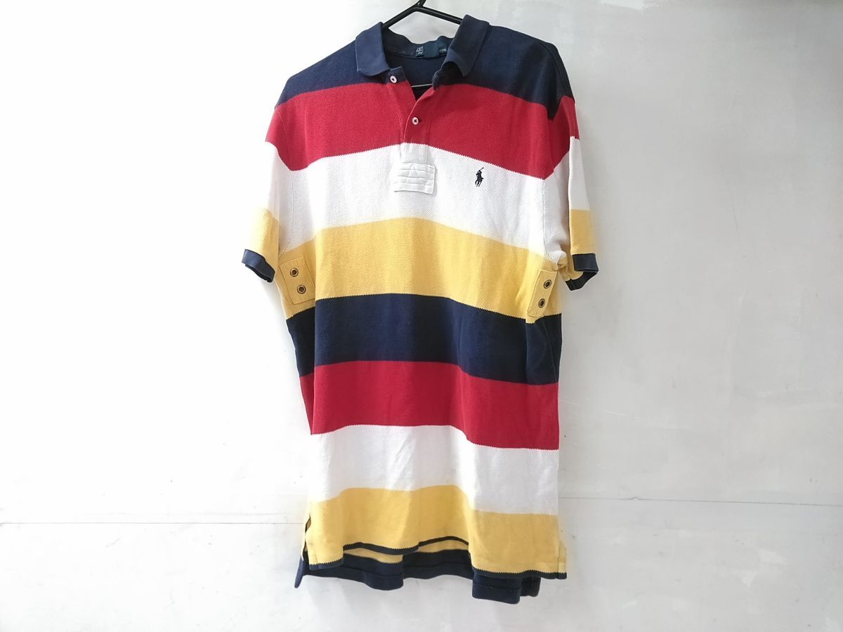 ◆90s POLO RALPH LAUREN ポロ ラルフローレン 半袖 ボーダー ポロシャツ 赤白黄紺 Lサイズ メンズ 0918-307A @60◆拍卖
