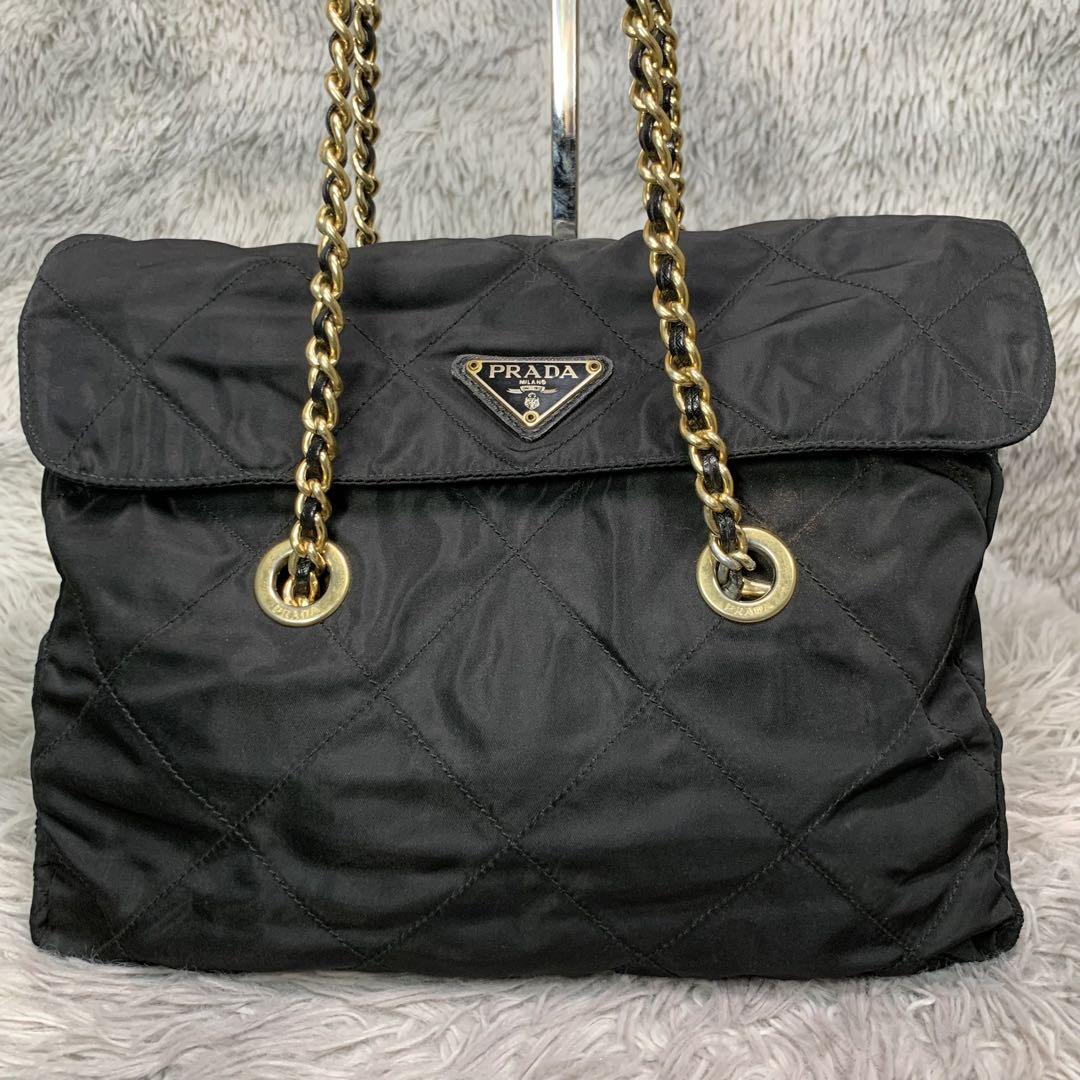美品 PRADA プラダ ショルダーバッグ ゴールドチェーン キルティング フラップ 肩掛け 斜め掛け 三角ロゴ ポコノ ナイロン 黒 ブラック拍卖