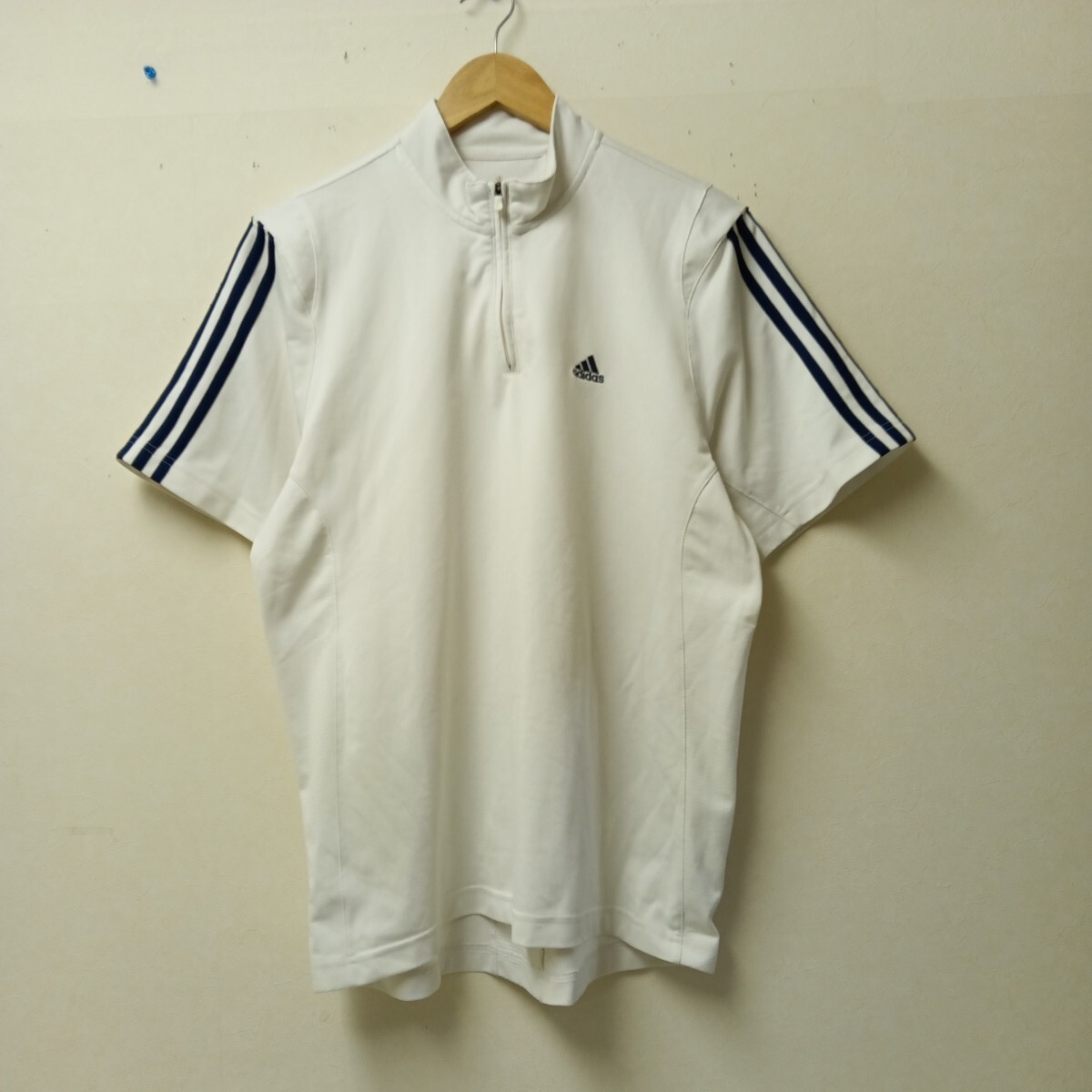 ★【古着】adidas(アディダス) 半袖 ハーフジップシャツ Lサイズ 白拍卖