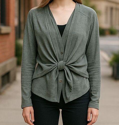 美品 BEAUX-ARTS カーディガン L グレー 前結び ボタン付き 裾長め拍卖