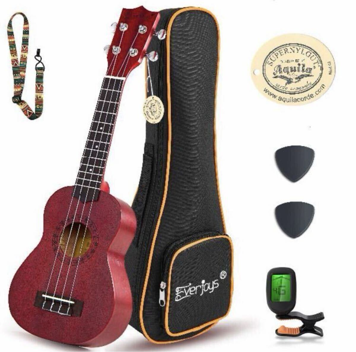 送料無料!上品なマホガニー材 ソプラノウクレレ 初心者セット(ソフトケース&チューナー付き)21インチ A拍卖